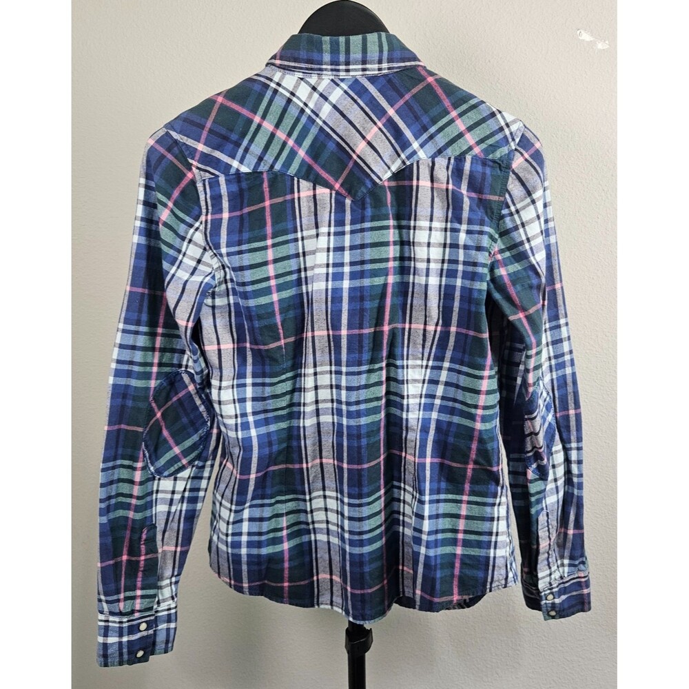 Tommy Hilfiger Women's Plaid Western Shirt Medium Blue Pink Snap Front Cotton - Picture 5 of 8